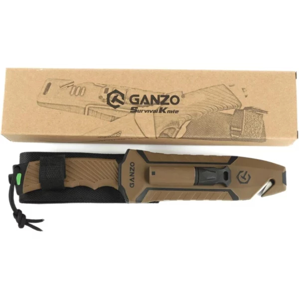 Ніж туристичний Ganzo G8012V2-DY зі сталі 8CR13 з кресалом, коричнева рукоять