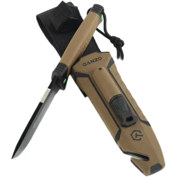 Ніж туристичний Ganzo G8012V2-DY зі сталі 8CR13 з кресалом, коричнева рукоять
